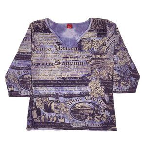 Glima Women's 3/4 Sleeve Purple Napa Valley Wine Country Print Shirt XL